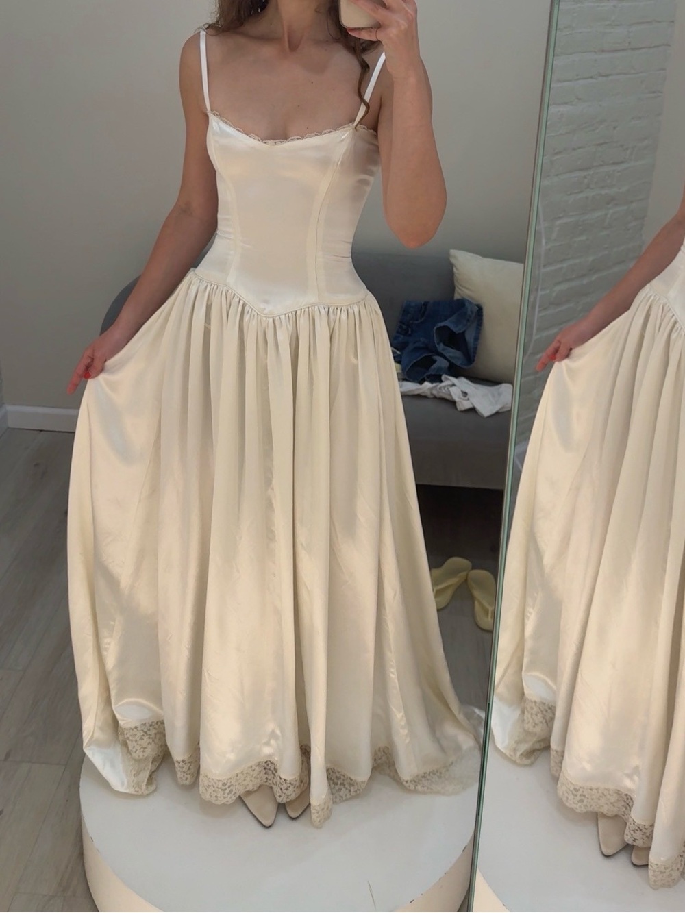 Vintage Cream Silk Spaghetti-Strap Drop Waist Wedding Dress Gown